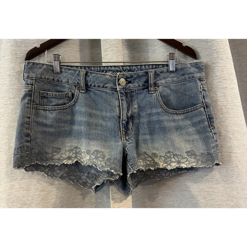 Vtg Y2K American Eagle Micro Mini Booty Jean Shorts Sz 12 Low Rise Floral Lace